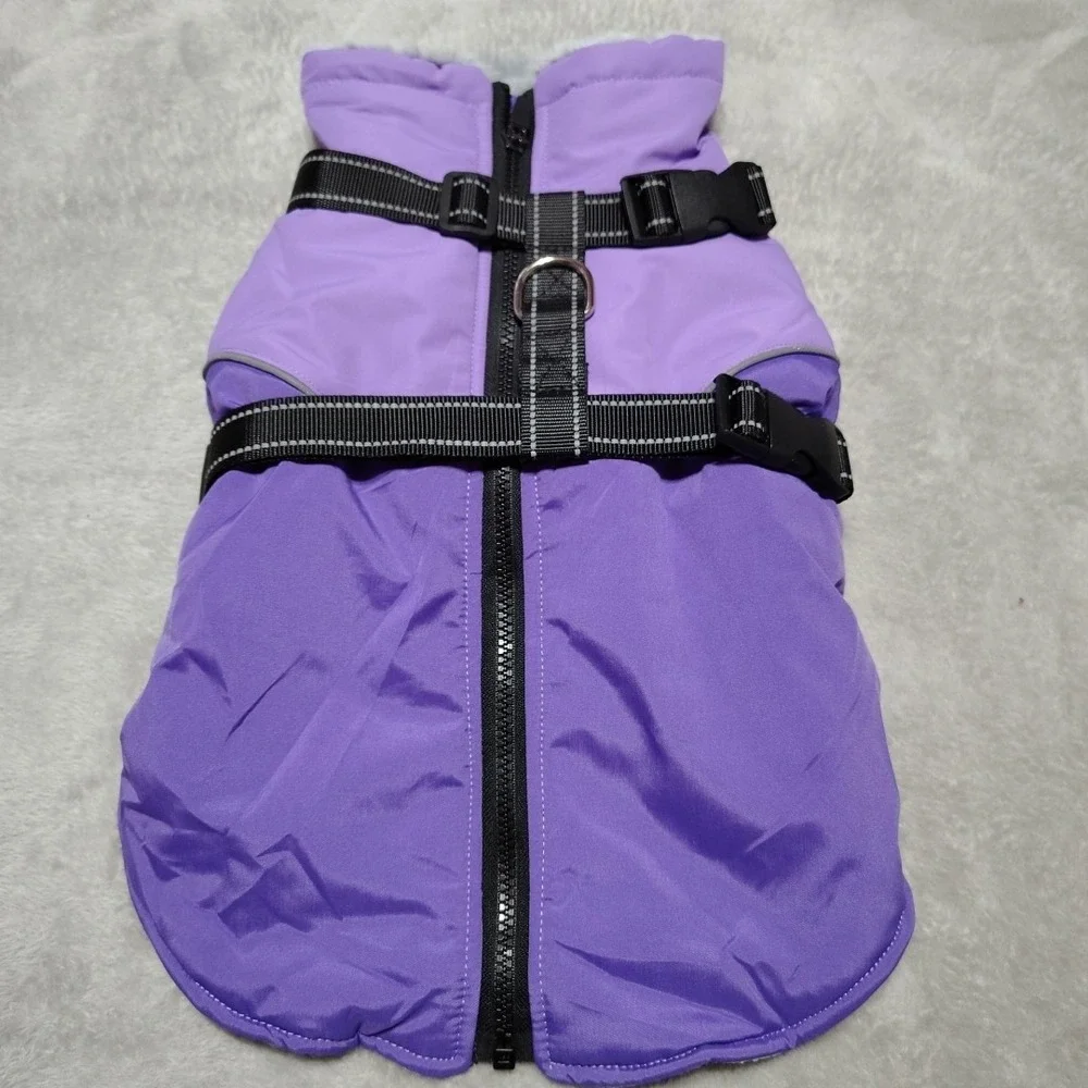 Pet Dog Jacket M W/Harness Purple Winter Warm Clothes Waterproof Faux Fur